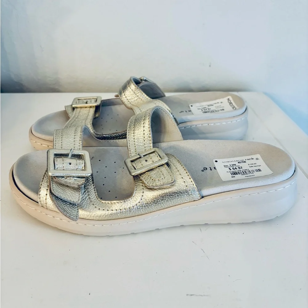 David Tate Frenchy Double Band Slide Sandal Metallic Pebbled Leather, Sz 9